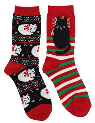 Davco Women's Christmas Kitty Cat Crew Socks (2Pr), One Size