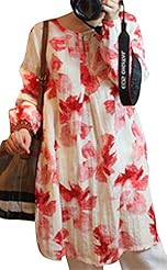 Linen Long Sleeves Floral Print Flared-Skirt Round Neck  Dress