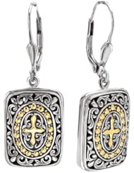 925 Silver Rectangular Celtic-Design Cross Dangle Earrings with 18k Gold Accents