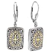 925 Silver Rectangular Celtic-Design Cross Dangle Earrings with 18k Gold Accents
