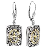 925 Silver Rectangular Celtic-Design Cross Dangle Earrings with 18k Gold Accents