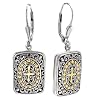925 Silver Rectangular Celtic-Design Cross Dangle Earrings with 18k Gold Accents