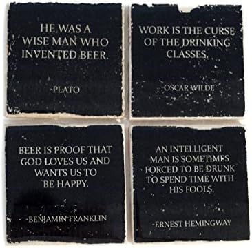 Beer Coaster Set (4 Stone Coasters) Drinking Quote Black and White Barware