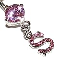 Pierced & Modified  Body Jewellery Navel Bars  Pink Crystal Initial Dangle Belly Bar  S