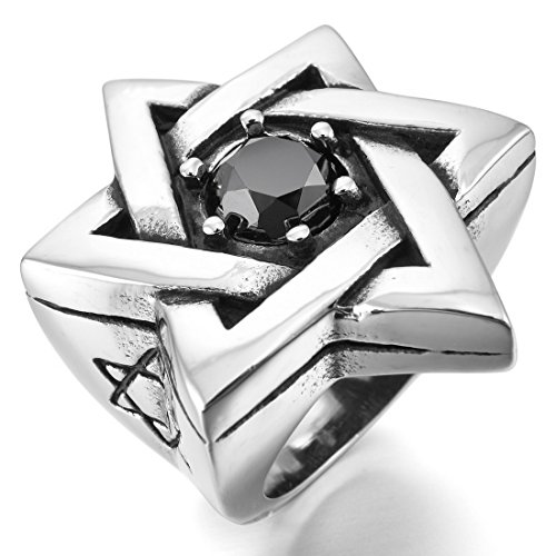 Men's Large Stainless Steel Ring Agate Silver Tone Black Lucky Jewish Star Of David