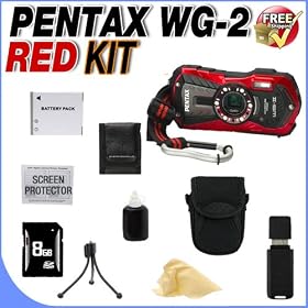 Pentax Optio WG-2 Adventure Series 16 MP Waterproof Digital Camera with 5 X Optical Zoom (RED) W/8GB SDHC Memory Card + Extra LI50B Extended Life Battery + Deluxe Case w/Strap + USB Card Reader + Memory Card Reader + Accessory Saver Bundle!