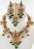 Faux Emerald Necklace with Earrings and Tika Set - Copper Alloy with Cut Glass