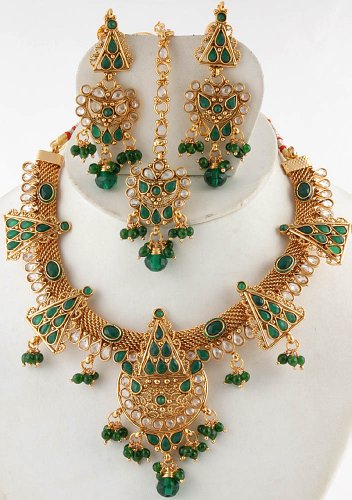 Faux Emerald Necklace with Earrings and Tika Set - Copper Alloy with Cut Glass
