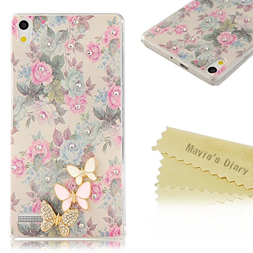 P6 Case, Huawei Ascend P6 Case - Mavis's Diary 3D Handmade Bling Crystal Cute Butterfly Sparkle Glitter Pink Flowers Case Hard Cover for Huawei Ascend P6 with Soft Clean Cloth (One Case)