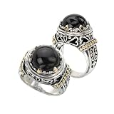 925 Silver & Round Onyx Cabochon Ring with 18k Gold Accents- Sizes 6-8