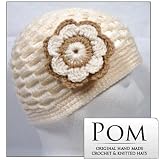 Crochet Beanie Skull Hat: Cream OP with Flower Corsage