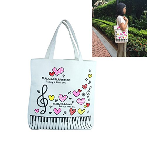Crosstree Canvas Material Music Bag Piano Keys Music+Colorful Love Handbag Shoulder Bag Tote Shopping Bag Gift (Love Music White)