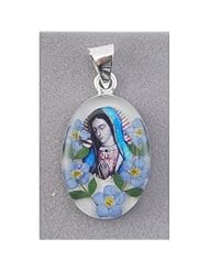 Oval Sterling Silver Our Lady of Guadalupe Pendant with Real Flowers - Blue - 1 inch