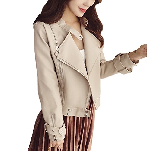 Teranos レディース レザージャケット ショート丈 シングル ジップアップ 襟付き ポケット 皮 無地 秋 冬 カジュアル シンプル