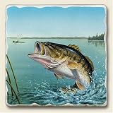 AbsorbaStone Tumbled Stone 4 Piece Coaster Set With Bass Fish