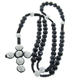 12mm Faceted Onyx Gemstone with 14mm White Czech Crystal Rosary Necklace