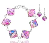 womens diamond bracelets:Sterling Silver Dichroic Glass Pink, Purple and Silver Diamond-Shaped Bracelet and Earrings Set, 8