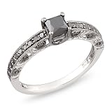 Sterling Silver 1 CT TDW Black Diamond Black Rhodium Plated Engagement Ring