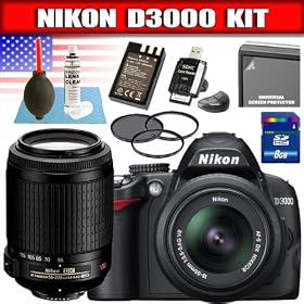 Nikon D3000 10MP Digital SLR Camera with 18-55mm f/3.5-5.6G AF-S DX VR Nikkor Zoom and 55-200mm f/4-5.6G VR Lenses Package 12