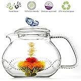 Heat Resistant Blooming Tea Clear Glass Teapot Blue Butterfly 24 oz/710ml Non-Drip