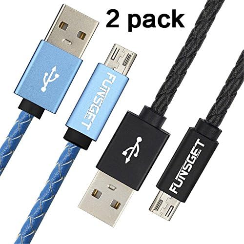 Funsget 3.3ft PU Leather USB to Micro USB Cable with Aluminium Alloy Head for Android Cell Phones Tablets Bluetooth Speakers Power Banks-2 Pack (1Black+1Blue)
