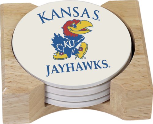 NCAA Kansas Jayhawks Absorbent Coaster Four Pack Gift Set with Butcher Block Holder