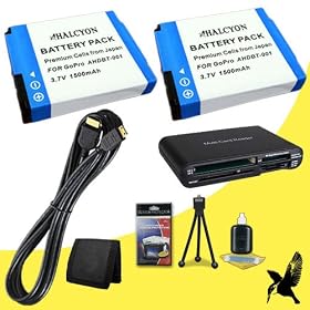 Two Halcyon 1500 mAH Lithium Ion Replacement Battery + Mini HDMI Cable + Multi Card USB Reader + Memory Card Wallet + Deluxe Starter Kit for GoPro HD Hero, HD Hero2, HD HERO Naked