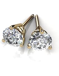 14KT Yellow Gold Exquisite Three Prong Studs with a Perfectly Matched Pair of Round Brilliant Cut Diamonds Set 4 CTW