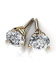 14KT Yellow Gold Exquisite Three Prong Studs with a Perfectly Matched Pair of Round Brilliant Cut Diamonds Set 1/3 CTW