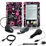 Crystal Case Pink Flower Ultimate Design Slim Premium Durable Hard Case Edition For Barnes and Noble Nook E-Reader + Includes a 4-Inch eBigvalue Determination Hand Strap + Includes a Micro USB Type Retractable Trave Charger Kit; Home Wall Retractable Charger and Car Auto Retractable Charger for your Nook + Includes Dual LED Goose Neck eReader Light