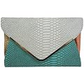 Large Snakeskin Envelope Fashion Clutch Bag Teal Blue & Off White & Pale Yellow & Coral