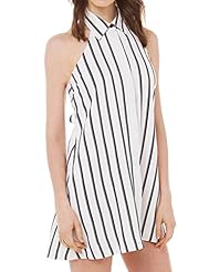 Sexy A-line Halter Sleeveless Polyester Summer Two-Toned Striped Print  Backless Lace-Up Evening Dress  With a Bow(s)