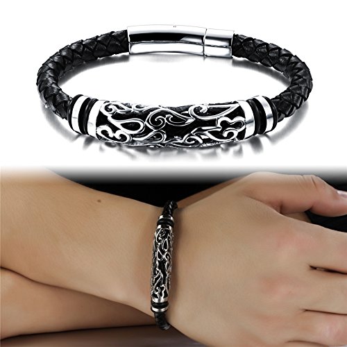 JOEYOUNG Fashion Jewelry Wide Braided Leather Bracelet Bangle for Men and Women Black Fabric Genuine Leather Wristband Bangle with Stainless Steel Magnetic Box Clasp, 8.5