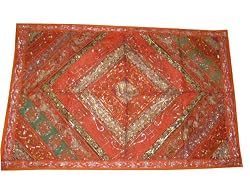 Ethnic Orange Vintage Sequin Beaded Sari Wall Hanging Tapestries From India 60x40