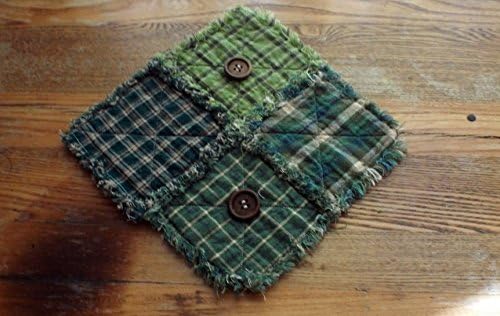 Green Mug Rug Homespun Fabric Four Checks Plaids Mug Rug Candle Mat Country Primitive Prim Rustic Cabin Lodge Rag Quilted Quilting