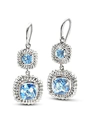 CleverEve Luxury Series Double Rhodium Plated Dangling Sterling Silver Earrings w/ Prong Set Cushion & Round Cut Natural Genuine Blue Topaz Stones 7.03 ct. tw.