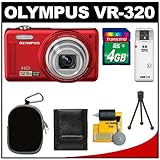 Olympus VR-320 14.0 MP Digital Camera (Red) with 4GB Card + Case + Cleaning ....