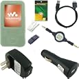 8 Item Bundle  8in1  Green Silicone Skin Case, USB Car Charger, USB Wall / Travel / AC Adapter Charger, 2in1 Sync USB Cable, 3.5mm Aux Retractable Cable, Belt Clip, Armband, and Screen Protector / Guard for Sony Walkman NWZ E436 E438 Series by Gizmo Dorks