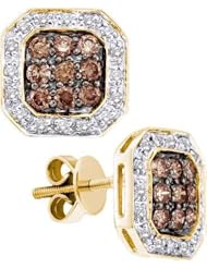 14KT Yellow Gold 0.77 CTW White and Brown Round COGNAC Diamond Ladies Fashion Earrings