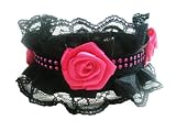 Bellas Luxury Leather Dog Collar - Black Lace, Black Ribbon and Pink Roses Embellished with Pink Rhinestones, Black - Medium 15"
