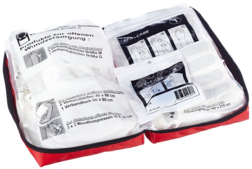 RFX + Care FA200-5320716 KFZ-Verbandtasche rot, Inhalt nach DIN 13164 § 35h STVZO + Beatmungsmaske + Pflaster + EXTRAS