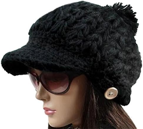 Vwhite Womens Winter Solid Button Design Knit Peaked Caps Skull Crochet Hat Cap Black