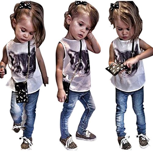 Gotd Little Big Girls Dress Cat T-shirt Tops + Jeans Denim Pants Set Clothes Outfits