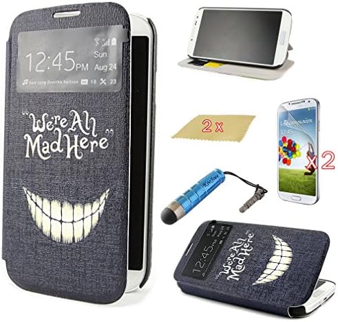 KooJoee(TM) Slim Flip Cover Folio PU Leather Case with View Window for Samsung Galaxy S4 S IV i9500 + One KooJoee Stylus + Two Screen Protectors + Two Microfiber Cloth (Crazy Hoax Mad Smile)