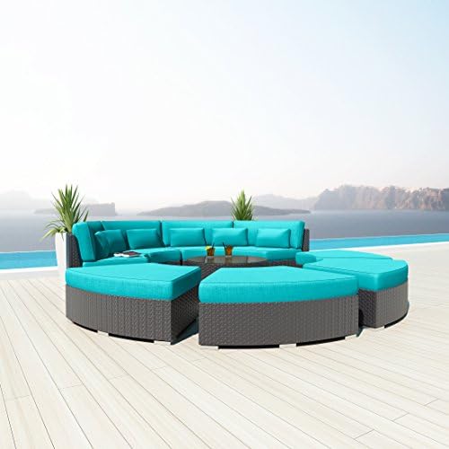 NEW Uduka 9pcs Outdoor Round Sectional Patio Furniture Espresso Brown Wicker Sofa Set Turquoise All Weather Couch