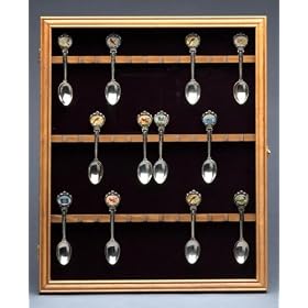 Oak Wood Wall Mount 24 Collectible Spoon Cabinet Case Glass Door