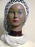 Sn100, Hand Crocheted White Gimp Large Snood with Black Beads for Women in Combination with Multi Strand Small White Pearl Necklace