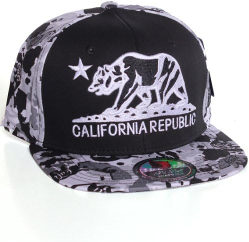 California Republic Logo Print Style Flat Bill Snapback Hat Cap (One Size, 2tone white/Black)