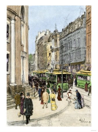 Trolleys on Tremont Street at the Corner of Park Street, Boston, 1890s Stretched Canvas Poster Print, 12x16