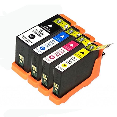 HOTCOLOR 4 Pack Dell Series 31XL(Series 33) New High Capacity Compatible Ink Cartridges Set With Chip (1-Black,1-Magenta,1-Cyan,1-Yellow) Compatible For Dell V525W V725W Printers